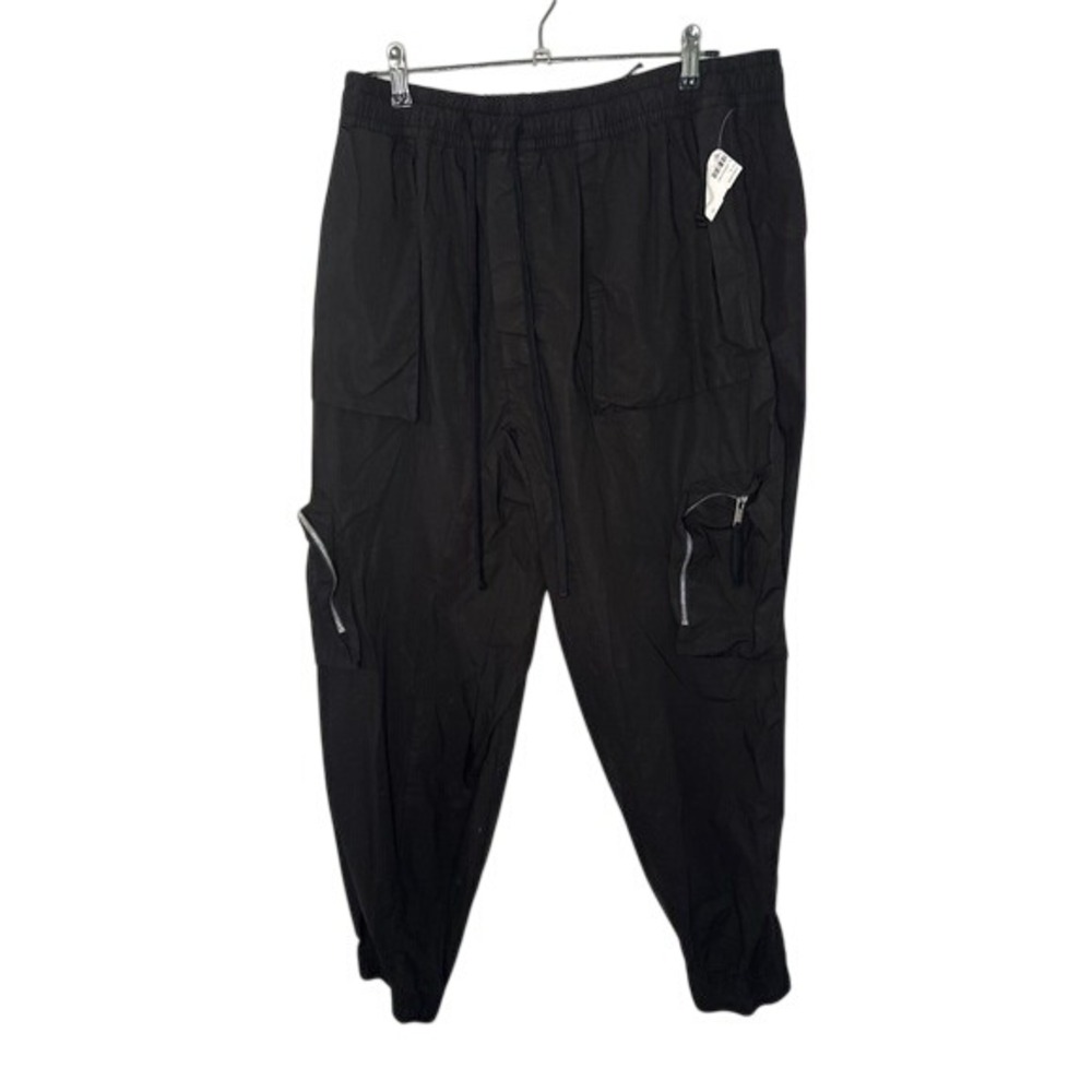 Mens Black Elasticated Waist Cargo Pants Zip Pocket Drawstring  Casual   Fit XXL
